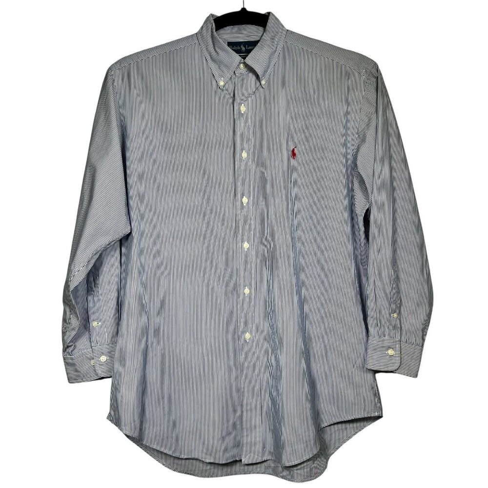 Ralph Lauren Mens Blue White Striped Yarmouth Casual Button Down Shirt Size 16 - Picture 2 of 12